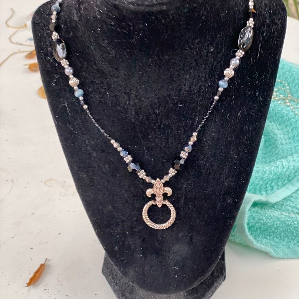 Multi-Bead Long Statement Necklace Black & Silver​​​​ Jewelery